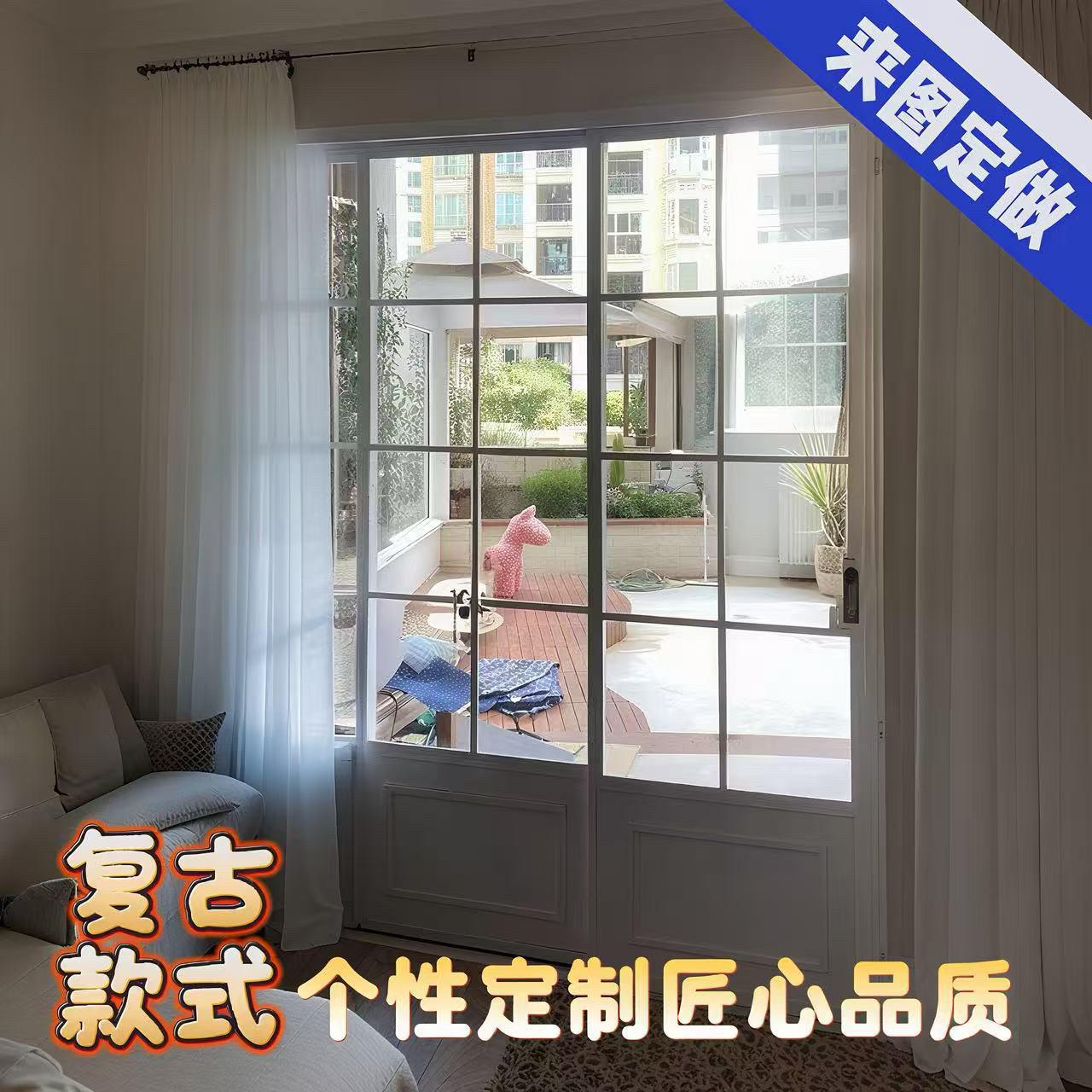 拉门复古门极窄格子门客厅门阳台极简联动吊轮门铁艺欧式门定制