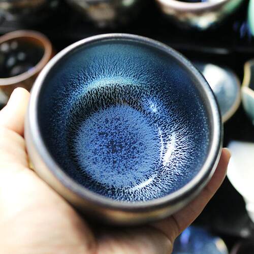 正品建阳建盏主人杯大号陶瓷功夫茶具原矿铁胎蓝麒麟天目茶盏茶杯