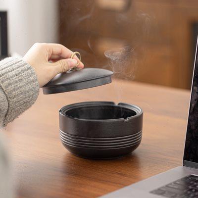 带盖新中式复古烟灰缸防风防飞灰陶瓷茶桌茶几办公室家用茶室烟缸