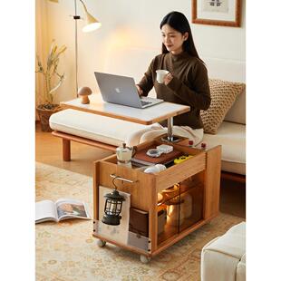 西枝实木可升降茶几樱桃木岩板移动小推车沙发边几茶水柜储物边柜
