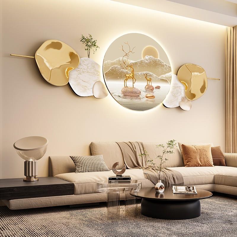 客厅装饰画新款山水壁画现代轻奢led氛围灯新中式沙发背景墙挂画