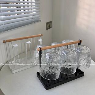 简约铁艺杯架家用收纳挂架水杯沥水架木柄置物架客厅水杯倒挂架