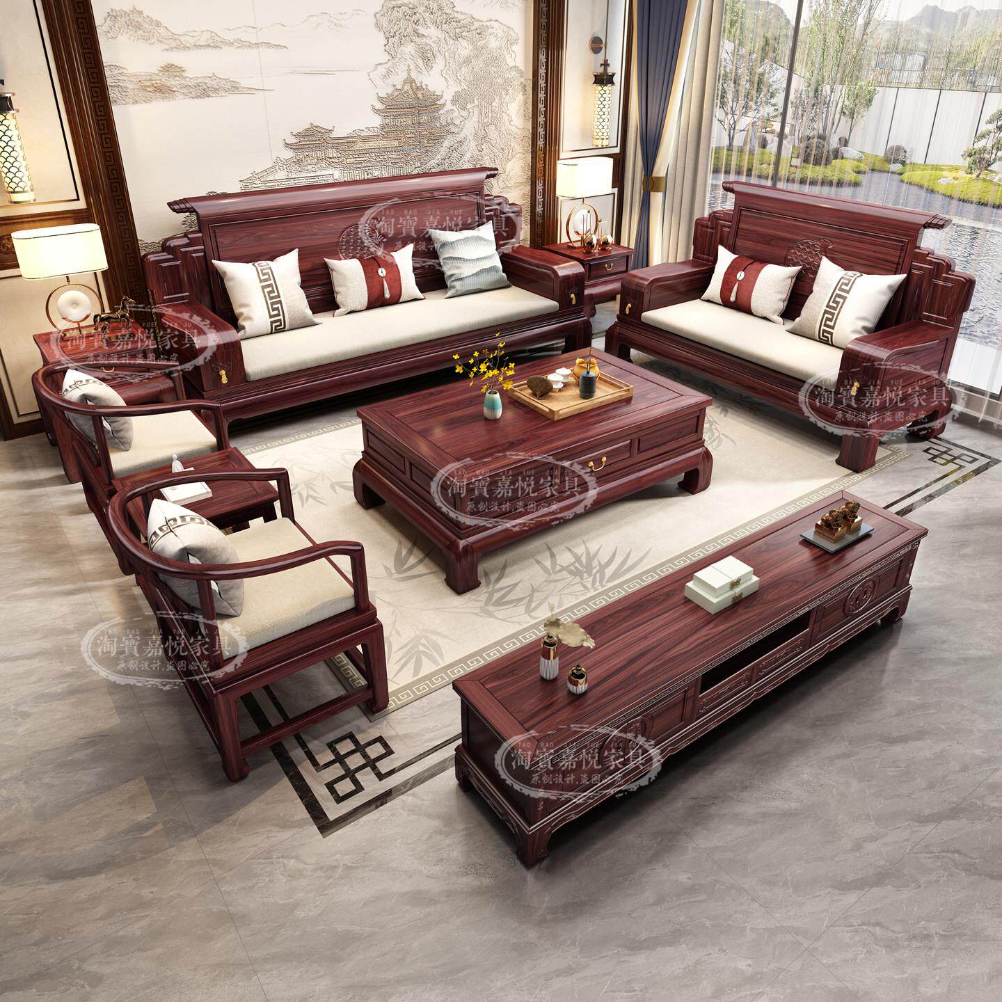 新中式花梨木实木沙发客厅酸枝红色大小户型雕花冬夏两用高档家俱