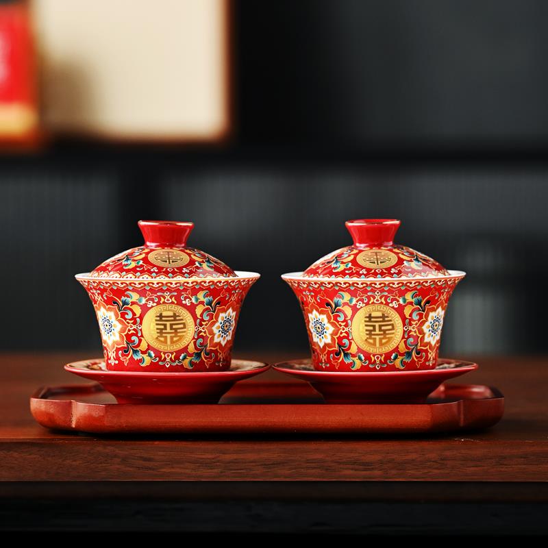 景德镇国潮文创结婚敬茶杯一对改口杯喜碗筷陪嫁套装中式送新人婚