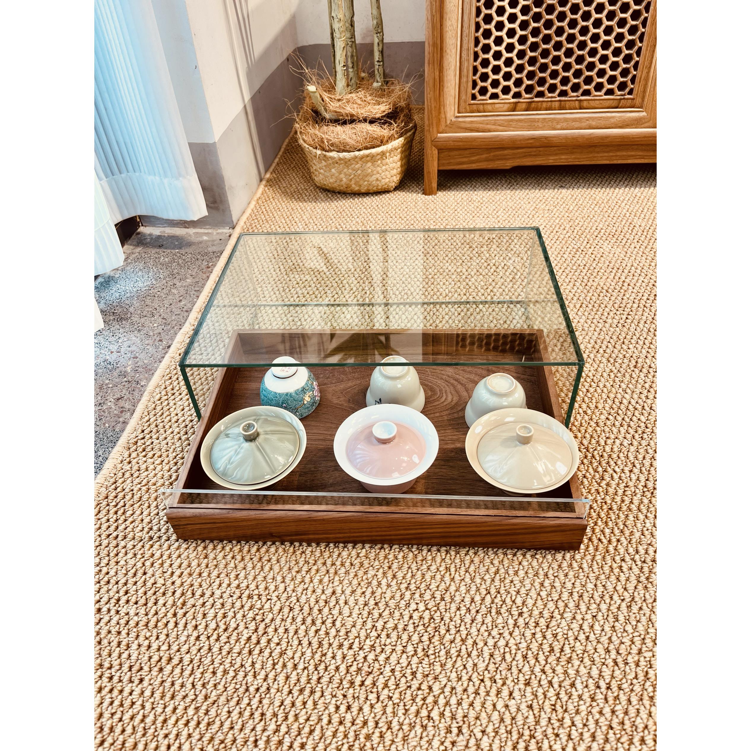 黑胡桃木实木钢化玻璃桌面收纳盒茶具文玩饰品防尘收纳展示牙科柜