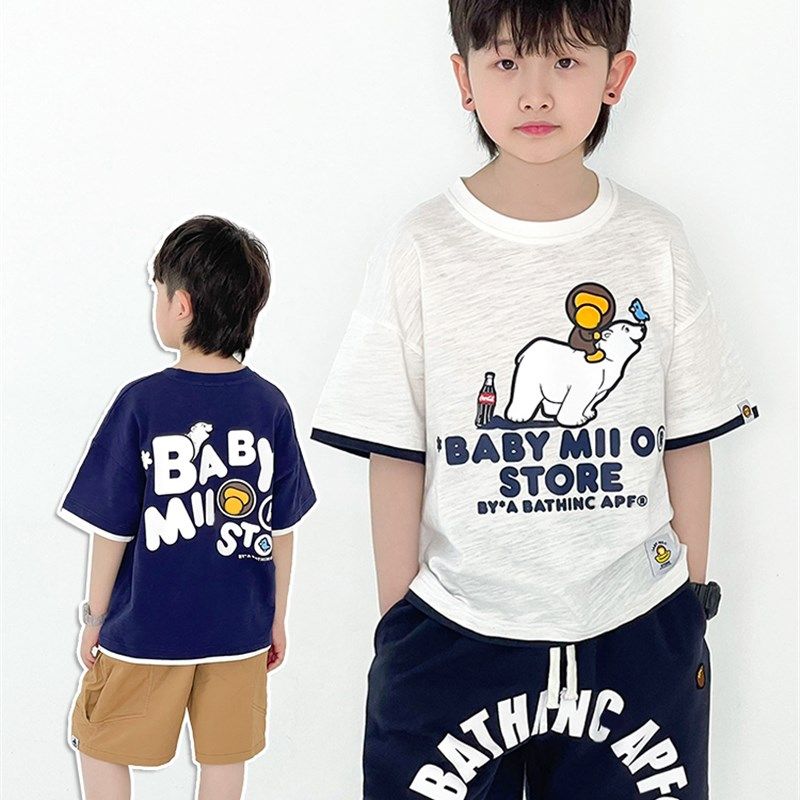 24夏季新款日系潮男儿童装宽松卡通北极熊假两件帅气纯棉短袖T恤,童装/婴儿装/亲子装,T恤,淘宝优惠券,粉丝福利购,淘宝优惠卷