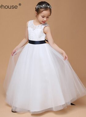 女童晚礼服白色长款钢琴演出服儿童生日公主裙超仙婚礼花童裙