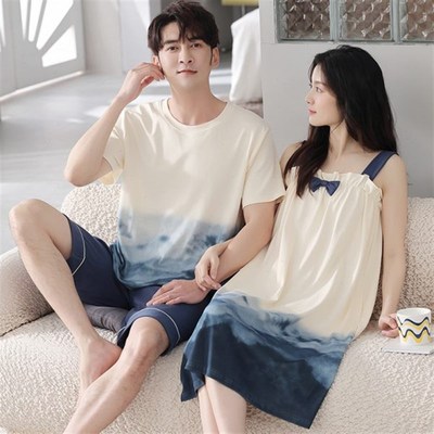 高档情侣睡衣夏季纯棉带男士短袖女吊带睡裙胸垫家居服套装可外穿
