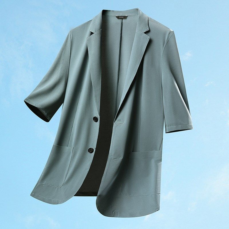 夏季七分袖西装男士薄款冰丝透气外套胖子加肥大码休闲中袖小西服,男装,休闲西服,淘宝优惠券,粉丝福利购,淘宝优惠卷