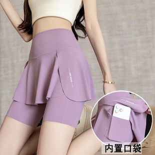 大码跑步短裤女胖mm夏季健身瑜伽三分裤高腰假两件遮挡裙裤防走光