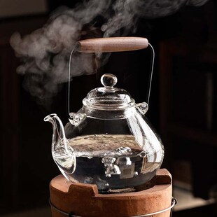 围炉煮茶壶日式黑胡桃木把提梁壶高硼硅玻璃花茶壶透黑提梁壶