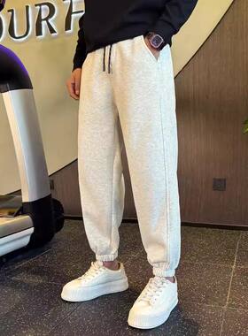 花灰色卫裤男士春秋2024条纹裤潮牌男生新款阔腿裤九分束脚运动裤