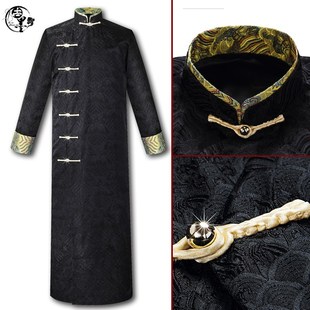 礼服主持人礼服表演装 海水纹织锦缎宴会长衫 长袍伴郎服男士 新中式