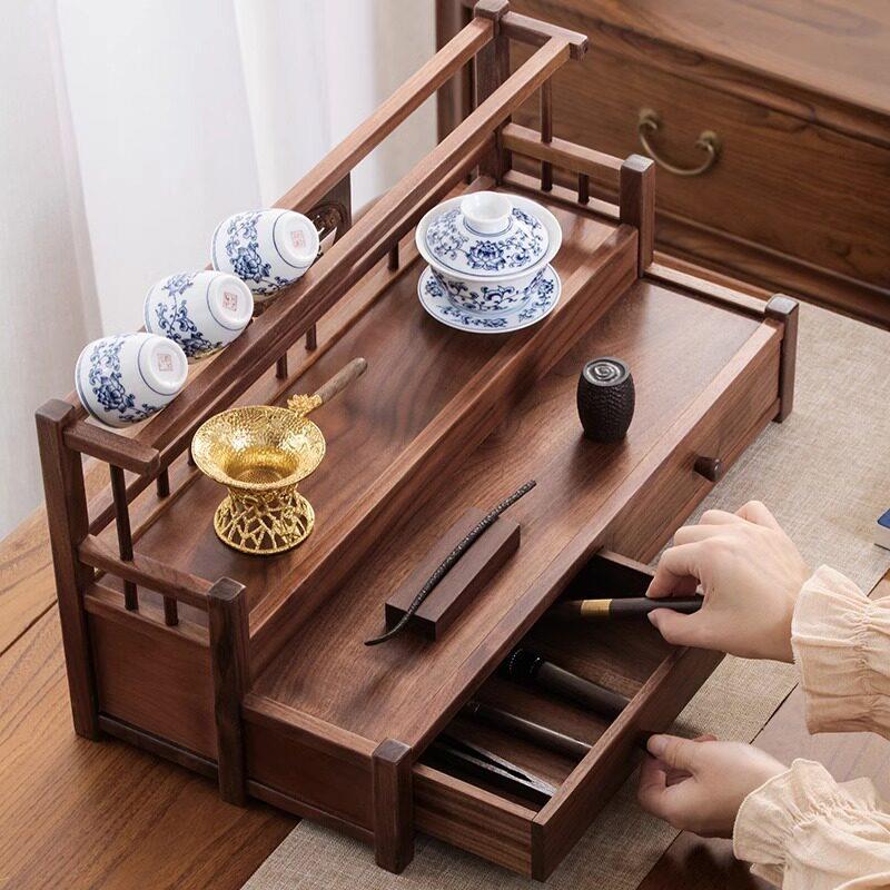 茶具收纳架中式胡桃木双层博古架实木茶壶茶杯沥水置物架茶具收纳