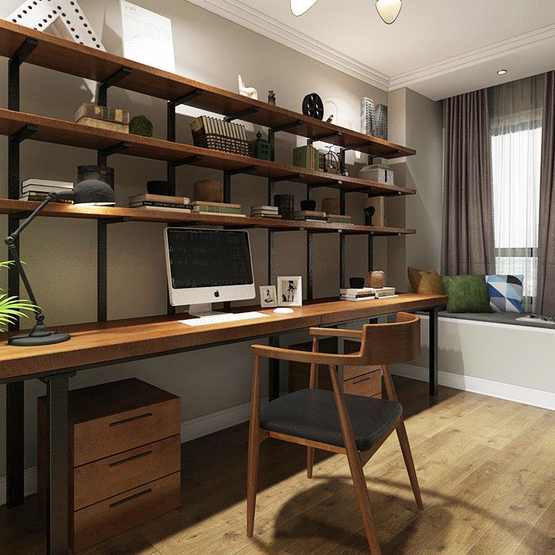 书房实木书桌书架一体桌loft铁艺办公桌工作台简易长条电脑桌家用图片