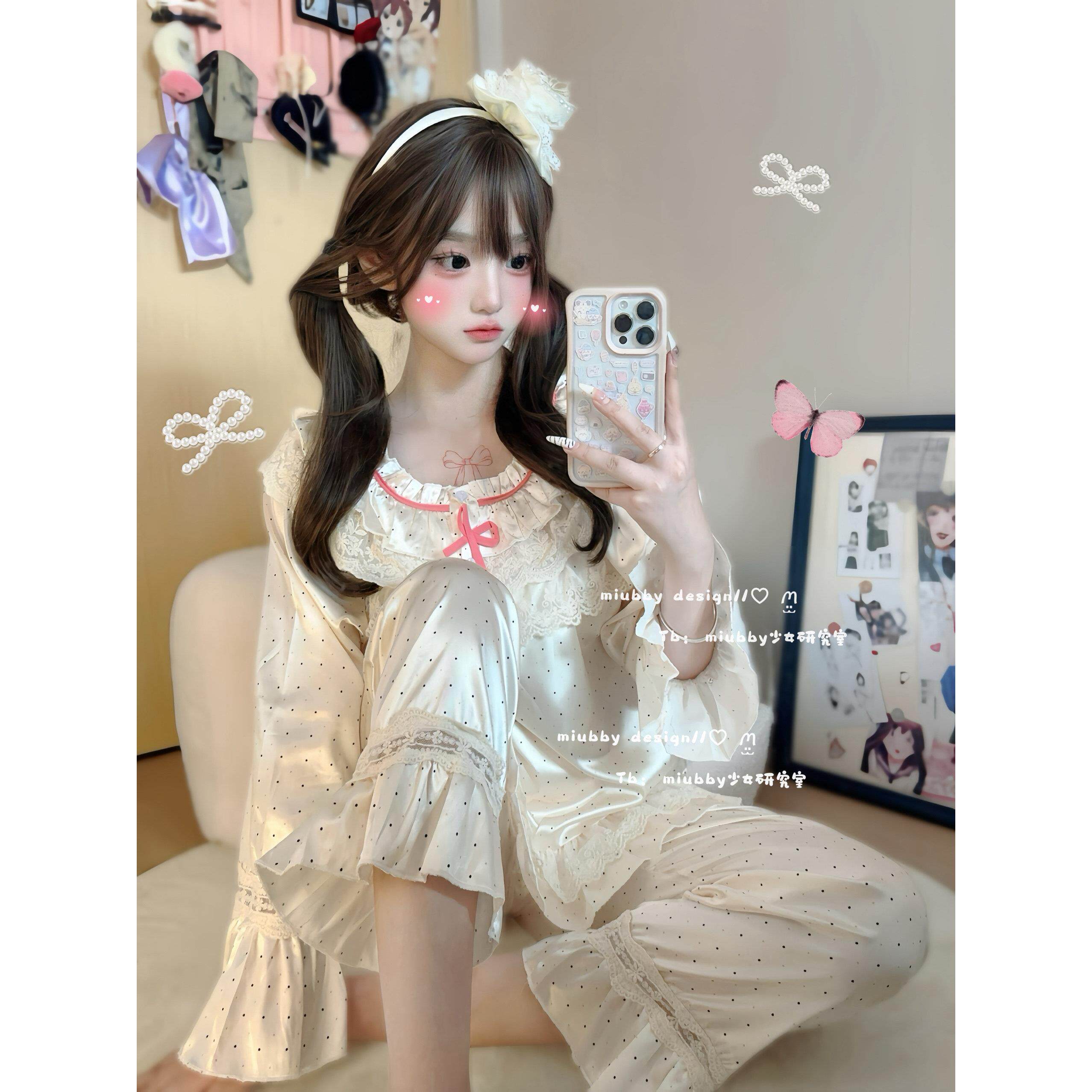 Miubby「公主小妹」韩系甜美波点长袖冰丝睡衣套装蕾丝纯欲居家服