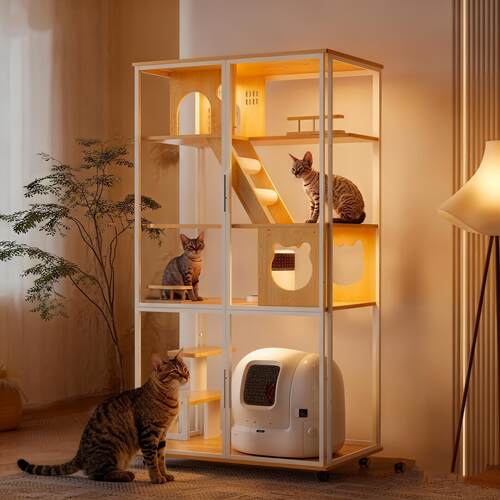 豪华实木猫别墅家用室内猫窝超大空间猫柜全景玻璃猫舍带厕所一体