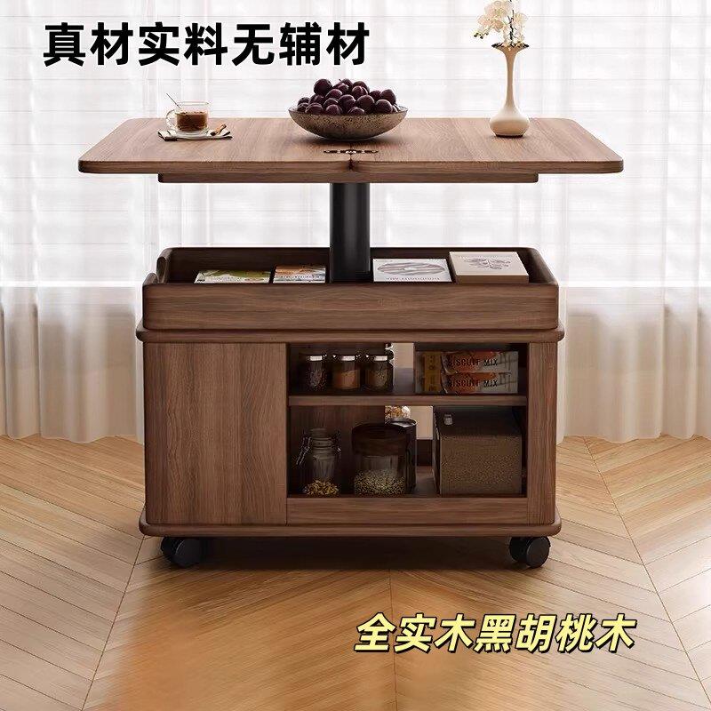 可折叠移动式黑胡桃实木边几小户型客厅沙发收纳推车置物桌小茶几图片