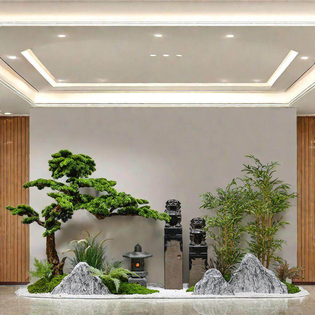 新中式室内摆件楼梯下造景装饰摆饰彷真绿色植物迎客松假山枯山水