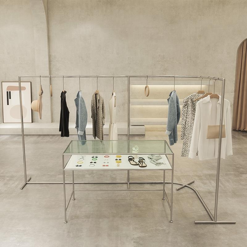 服装店专用中间中岛架子弧形挂衣架不锈钢陈列架流水台服装展架