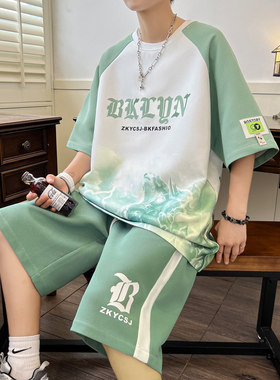 短裤夏天男套装潮牌冰p丝凉感短袖T恤帅气休闲运动五分裤一套衣服