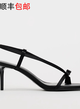 ZA细跟高跟鞋女黑色2024春夏简约露趾方头一字带凉S鞋小码33大码4