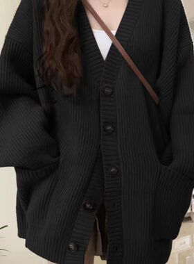 黑色毛衣外套女秋冬2024新款宽松外穿日系慵懒风复U古软糯针织开