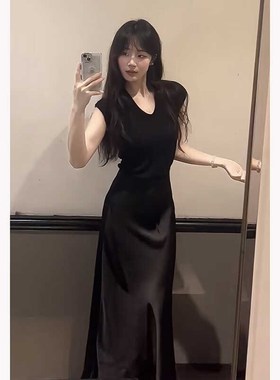 高级感黑色醋酸缎面优雅半身裙B长裙简约U领短袖修身上衣套装