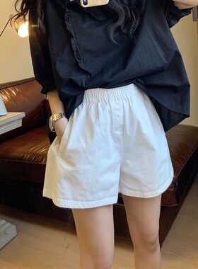 松紧腰宽松显瘦牛仔n短裤女夏季韩版白色通勤百搭高腰休闲阔腿热