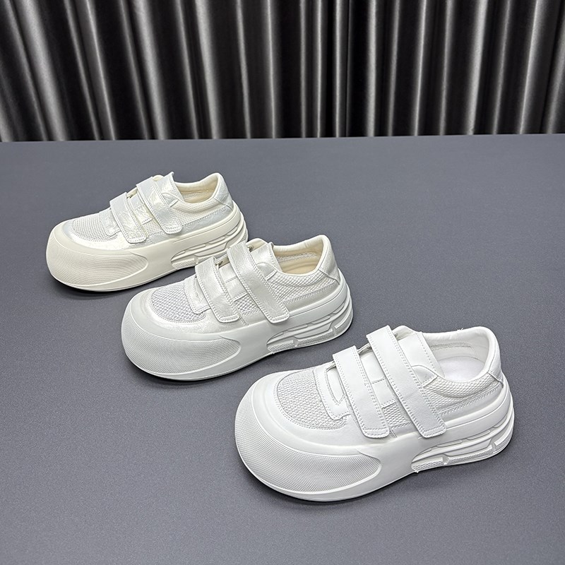 真皮网布小白f鞋女2025春季新款圆头厚底魔术贴透气休闲运动板鞋