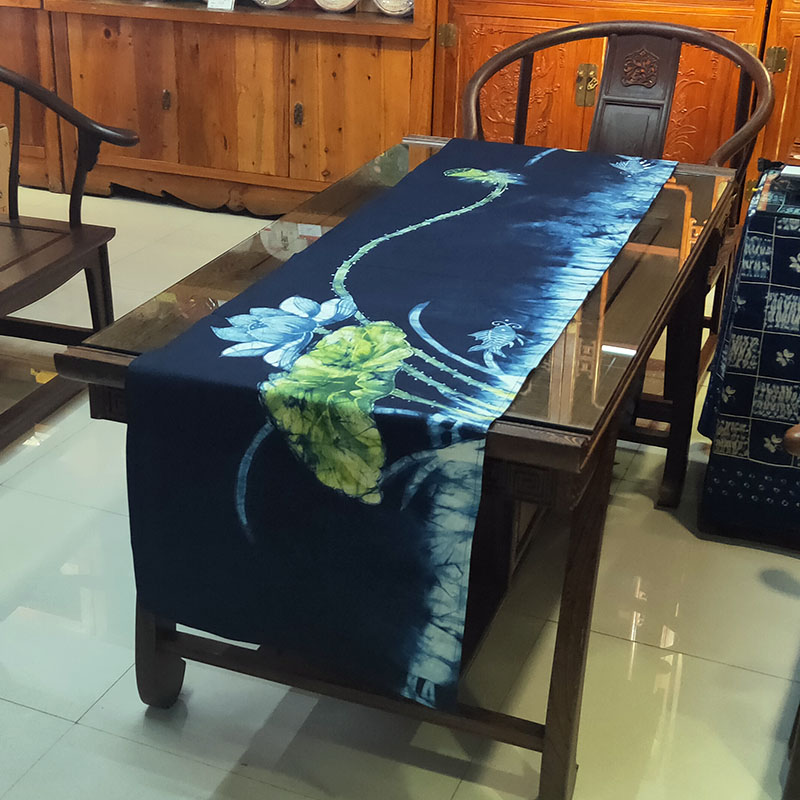 中式桌旗床旗苗族蜡染画茶台棉麻桌布电J视柜盖布现代简约茶几茶