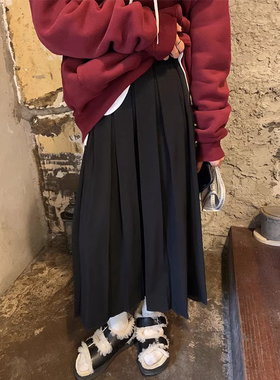 孕妇半身裙春f秋外穿百褶裙子黑色秋冬季中长版伞裙托腹A字半裙潮