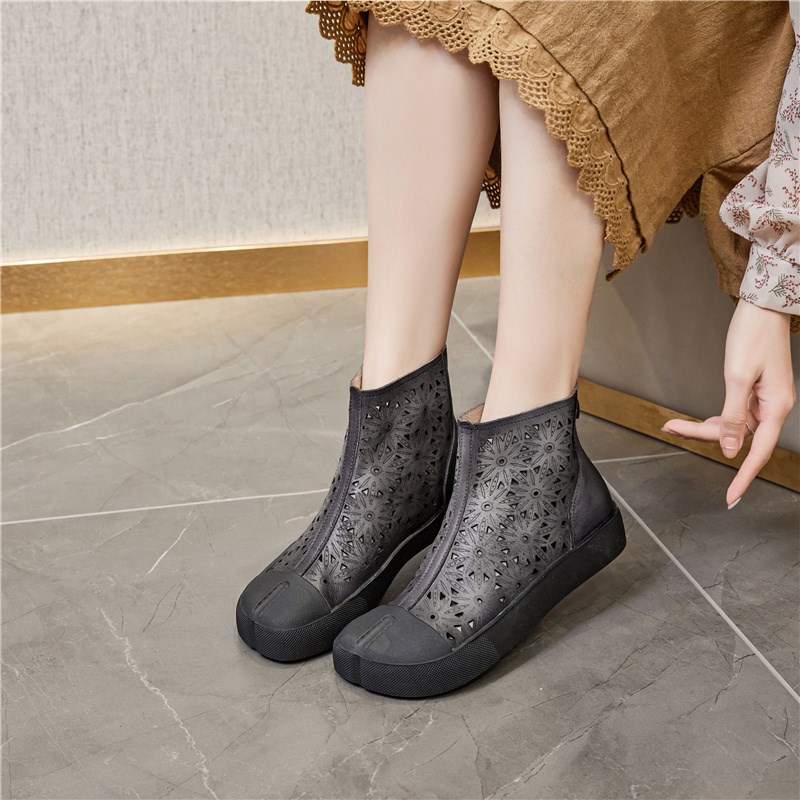 259复古擦色民族风坡跟凉鞋z女高帮真皮镂空洞洞短靴包头妈妈凉靴