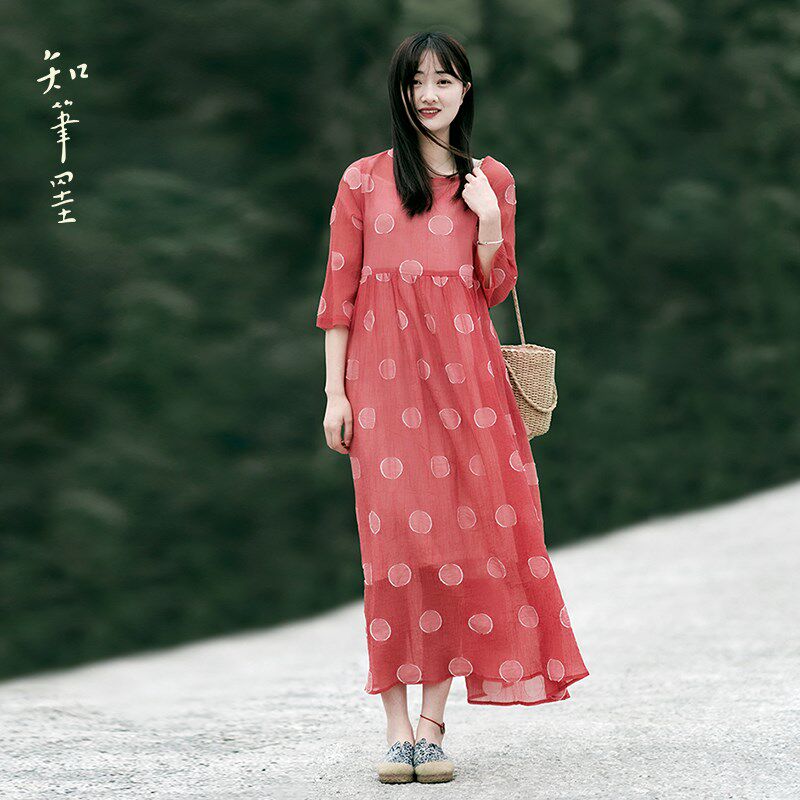 2022秋复古文艺西瓜红波点宽松H连衣裙剪花圆领长裙袍子女