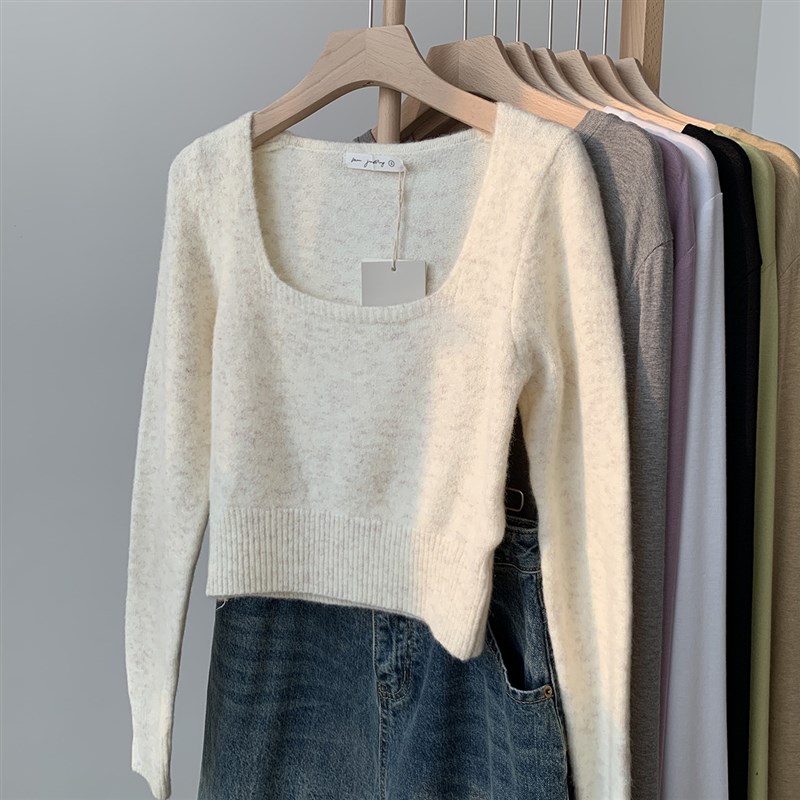 毛衣高腰短款冬季2m023新款纯色方领针织打底衫女内搭气质上衣