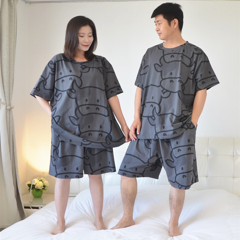 加大码奶牛情侣睡衣夏男女s纯棉短袖短裤卡通休闲家居服套装200斤