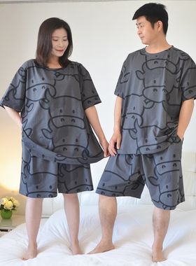 加大码奶牛情侣睡衣夏男女s纯棉短袖短裤卡通休闲家居服套装200斤
