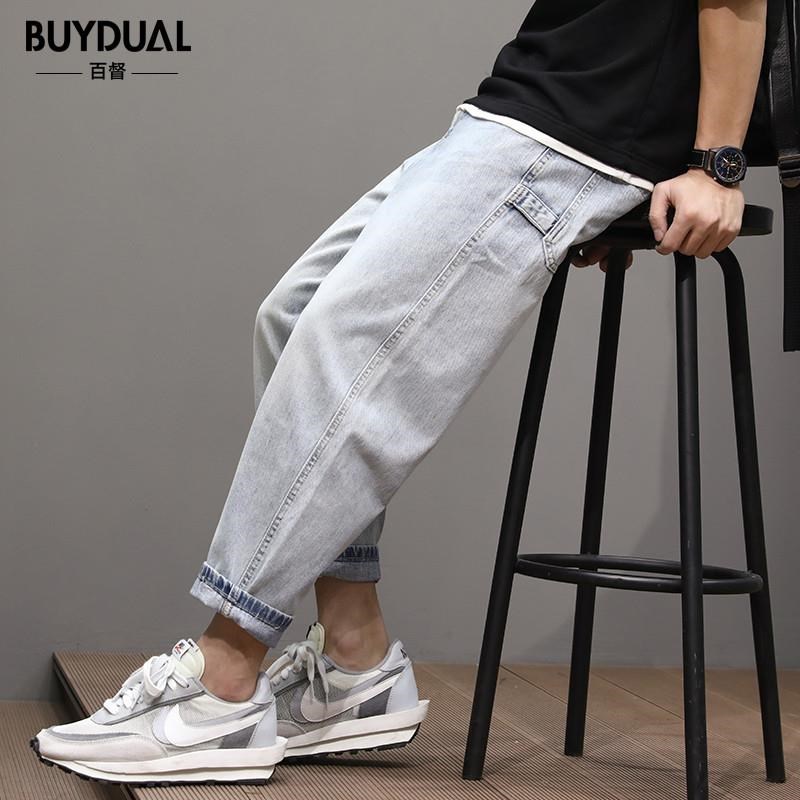 秋季九分牛仔裤男宽松大码胖子潮牌哈伦裤潮O流复古水洗做旧休闲