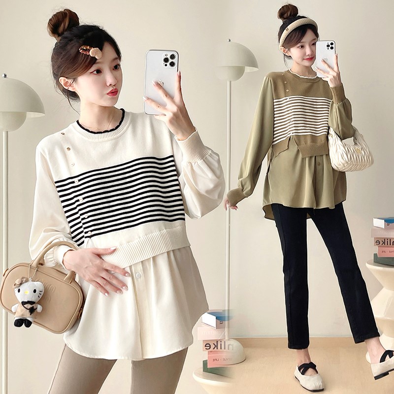 孕妇装秋装假两件条纹长袖上衣202D4新款韩版衬衫春秋怀孕衬衣潮