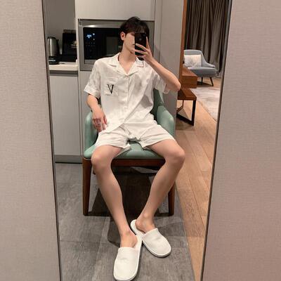 睡衣男冰丝夏季薄款短袖短裤男士白色格子居家服男款凉感丝绸套装