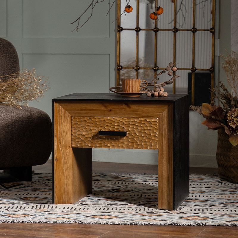 侘寂风实木仿古床头柜带抽屉方形储物柜客厅沙发边柜中古置物花架