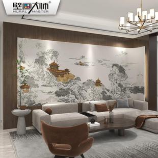 山水墙布背景墙壁布描金楼阁壁画客厅沙发卧室茶室壁纸轻奢 新中式