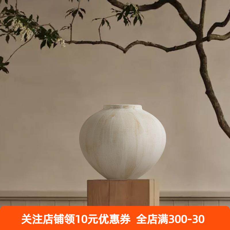 法式中古手工白色陶瓷复古陶罐侘寂风大花瓶花器高级感摆件大肚圆
