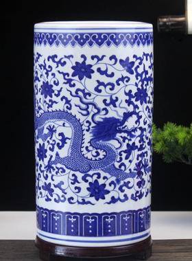 景德镇青花陶瓷器箭筒书字画缸卷轴缸中式仿古客厅家居装饰品摆件