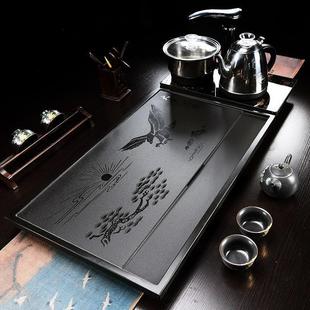 全自动家用办公四合简约天然功夫漏水石头茶盘家用 乌金石茶盘套装
