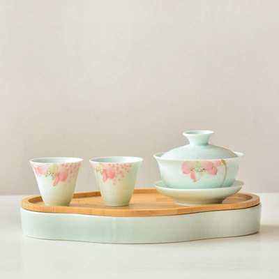 日式陶瓷茶盘 迷你蓄水储水小干泡盘茶台茶托 竹面板影青瓷茶盘