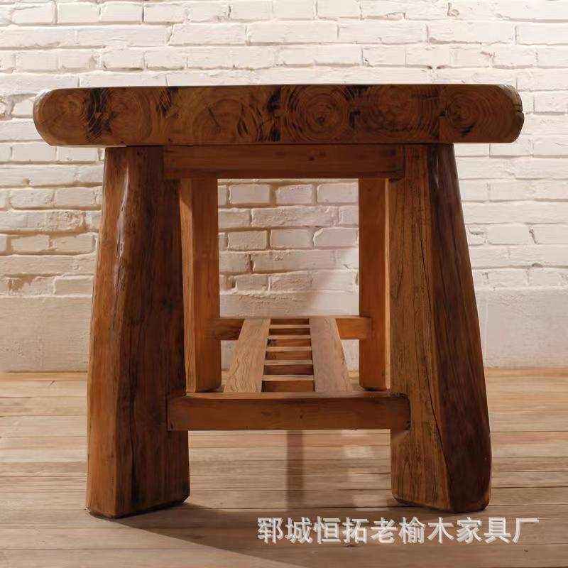 老榆木餐桌原木全实木家具多用长方形茶饭桌复古榆木桌子