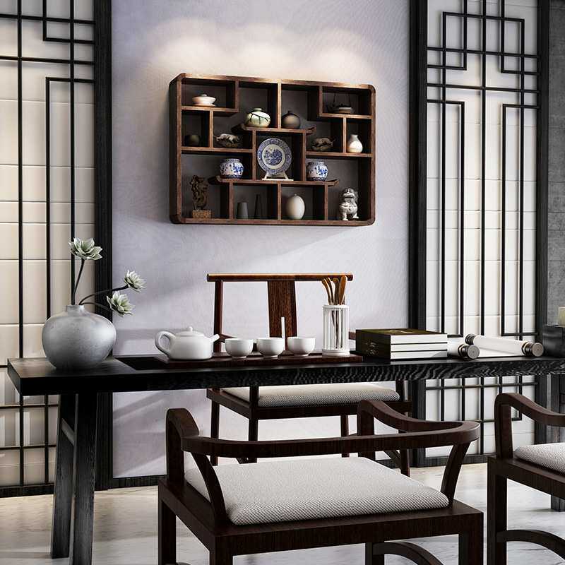 博古架挂墙多宝阁实木中式茶架壁挂式置物架墙上壁挂茶具茶杯茶壶