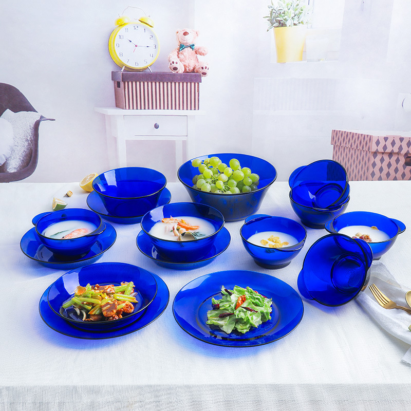 法国多莱斯钢化玻璃6人15件套装餐具宝蓝色米饭碗盘子家用杯子