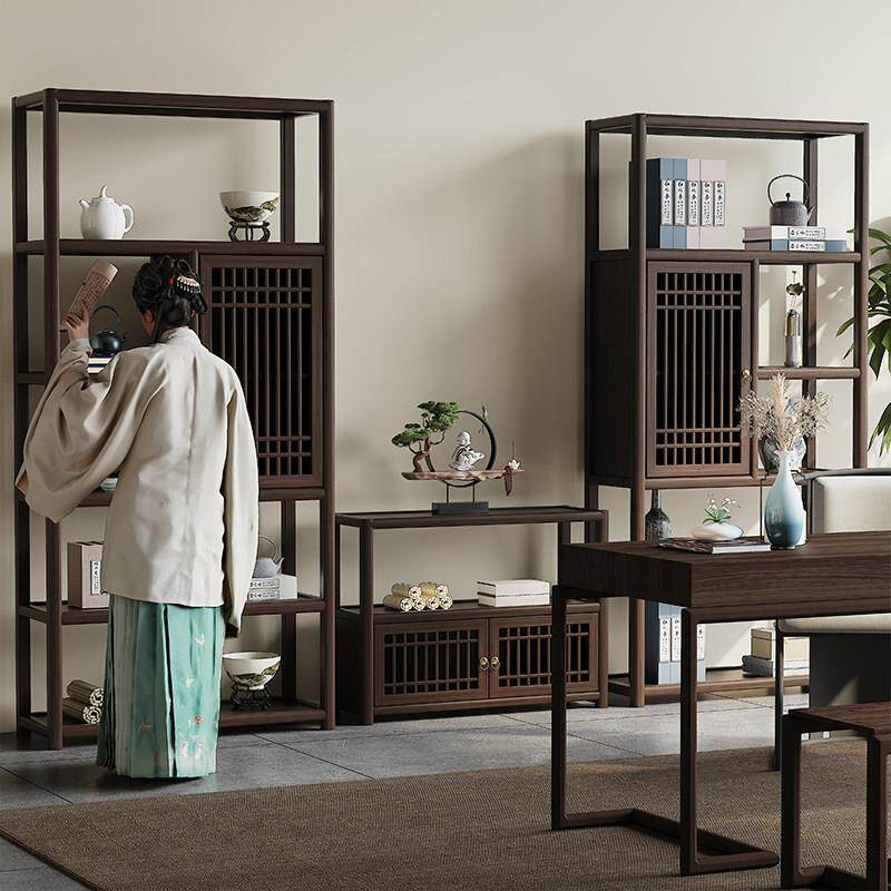 新中式实木博古架书架乌金书柜茶具展示架茶室茶架子多宝阁